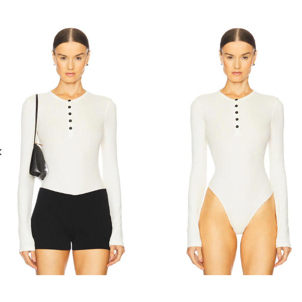 WeWoreWhat  V-Neck Henley Body Suit beige Size XS  New $79msrp